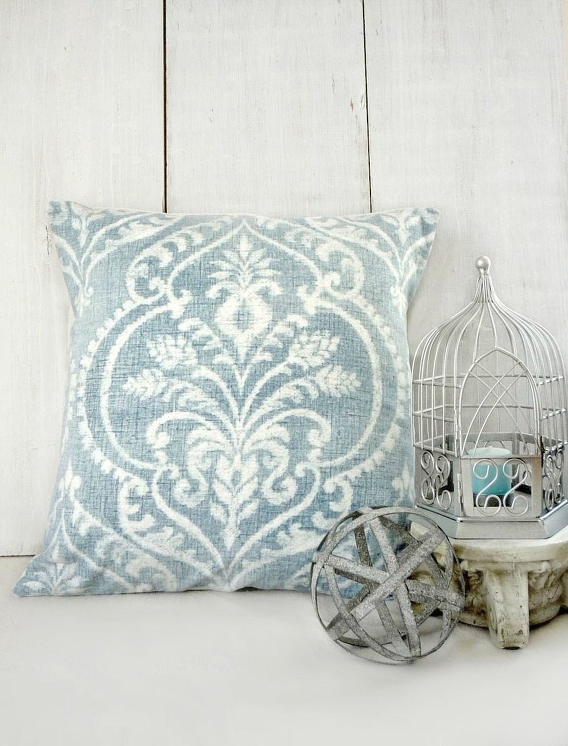 Soft Blue Damask Throw Pillow Cover Cottage Style 18x18 Etsy
