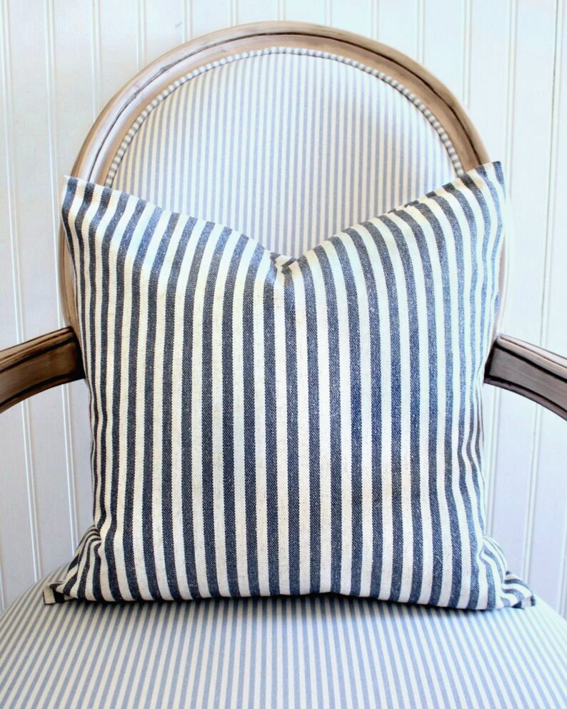 French Farmhouse Throw Pillow Cover Denim Blue Striped Etsy