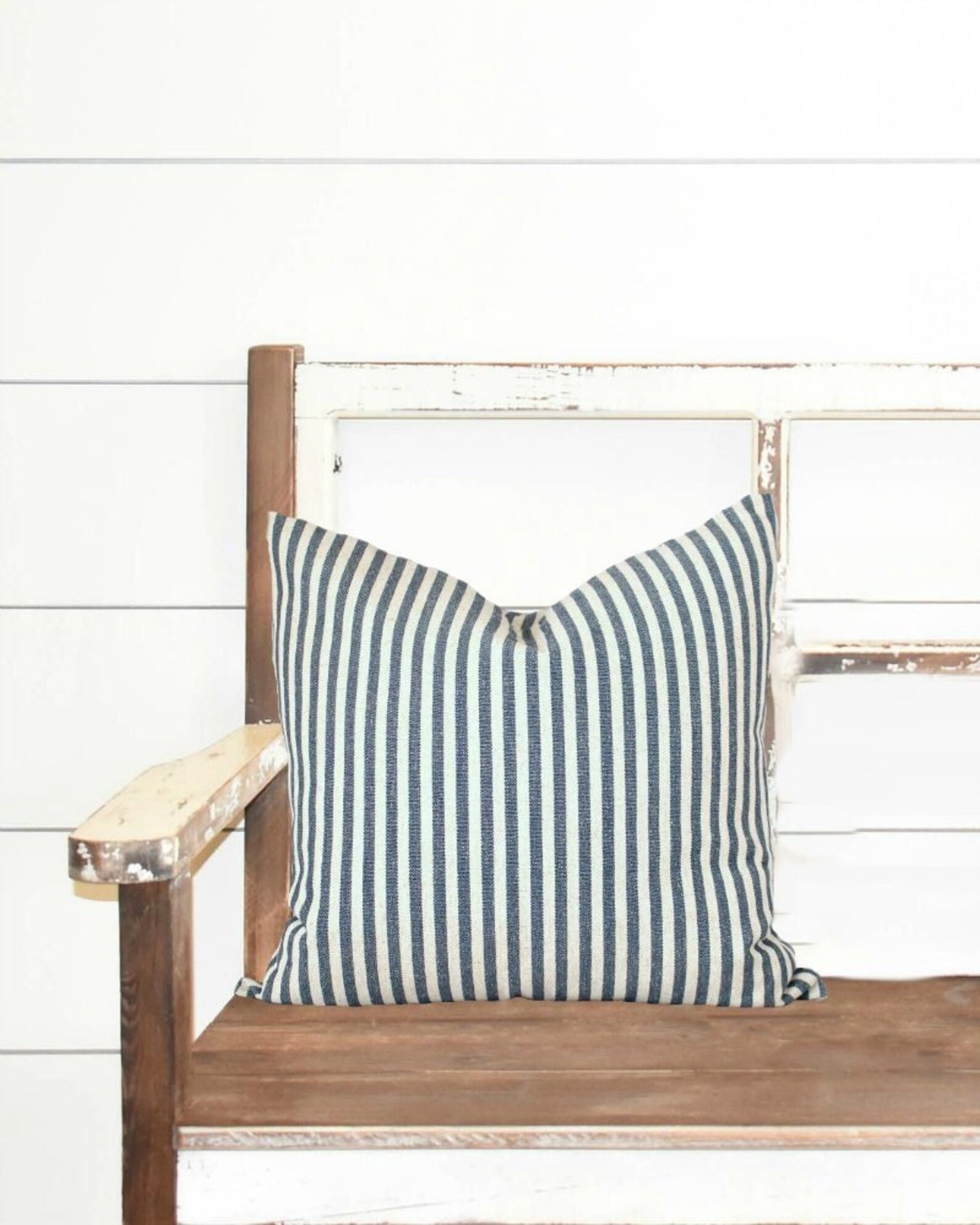 French Farmhouse Throw Pillow Cover Denim Blue Striped Etsy
