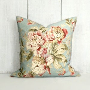Aqua Pillow Cover, Pink Floral Throw Pillow, Pink and Ivory Cabbage Roses on Blue Green