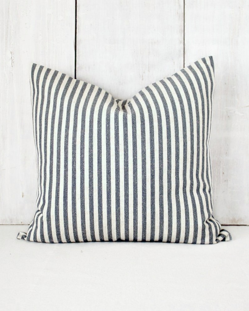 French Farmhouse Throw Pillow Cover Denim Blue Striped Etsy