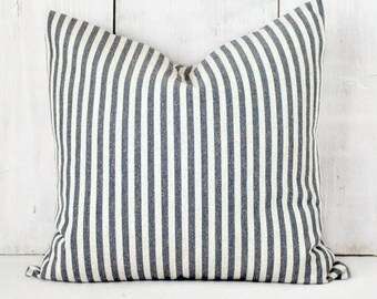 French Farmhouse Throw Pillow Cover - Denim Blue Striped Pillow Cover - Vintage Farmhouse Pillow - Navy Blue and Cream Striped Throw Pillow