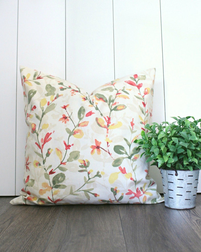 Green and Beige on a Cream Background Spring Summer Decor. Floral Pillow Cover with Shades of Pink Yellow