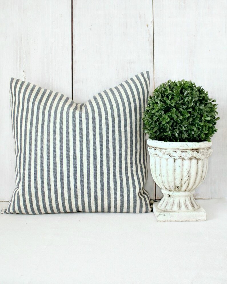 French Farmhouse Throw Pillow Cover Denim Blue Striped Etsy