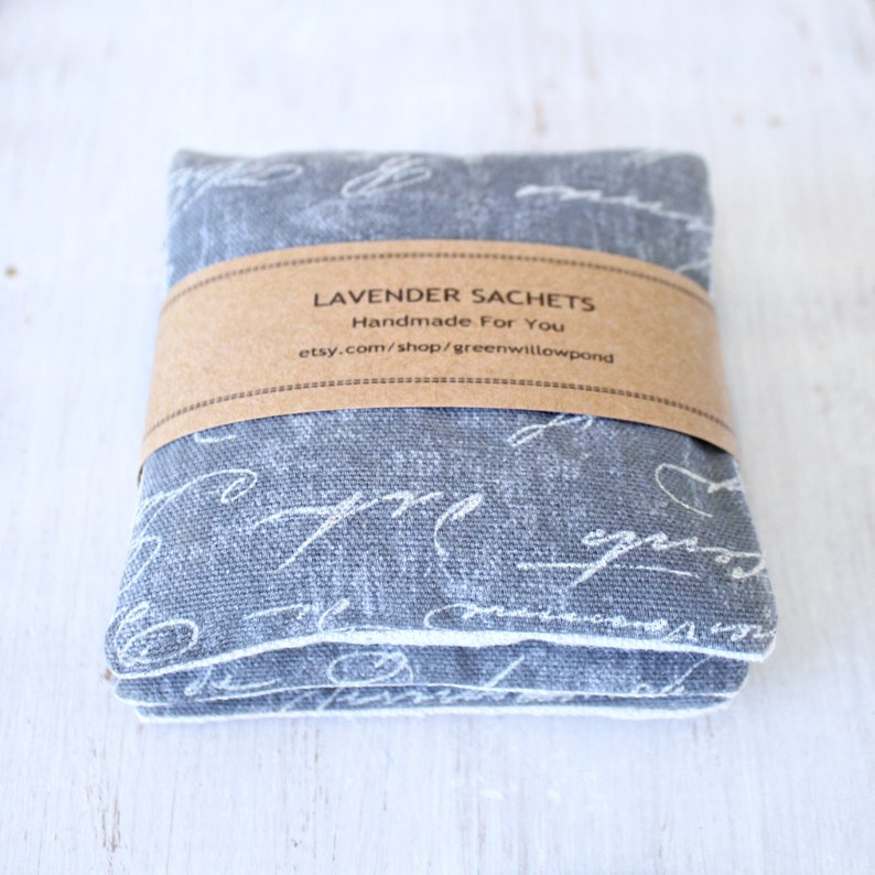 Closet Freshener for Drawers Set of Lavender Sachets in Gray French Script Car and More.