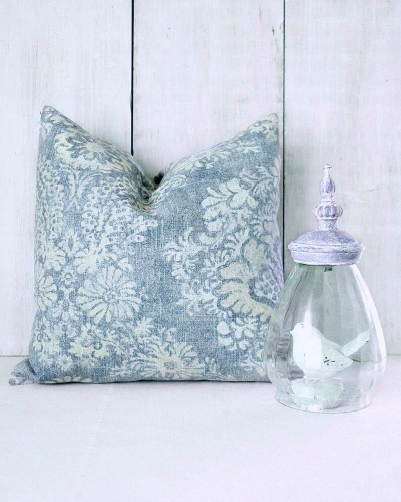 Denim Pillow Cover Faded Floral Pillow Blue and Beige Etsy
