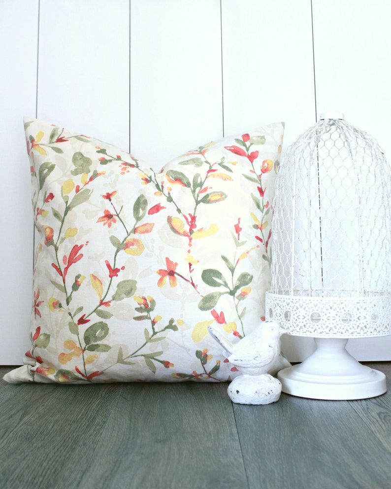 Green and Beige on a Cream Background Spring Summer Decor. Floral Pillow Cover with Shades of Pink Yellow