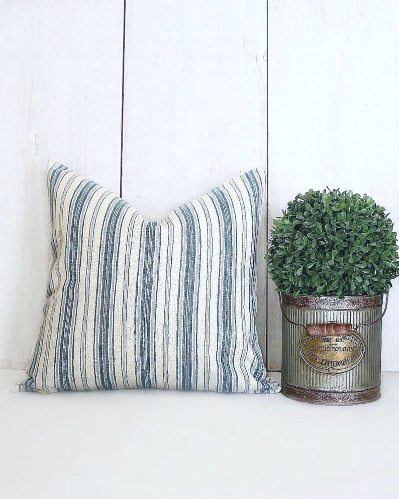 Farmhouse Cottage Style Beige and Gray Throw Pillow Denim Blue Blue