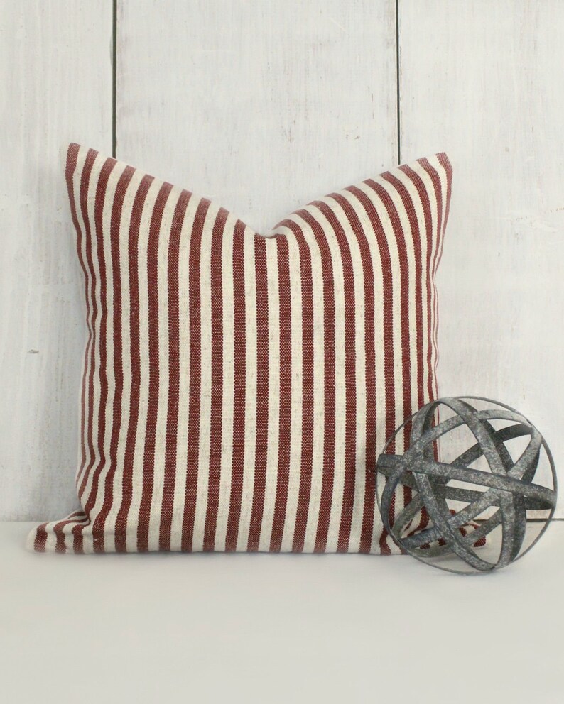 Red Striped Farmhouse Throw Pillow Cover. Rustic Cream and Red Etsy