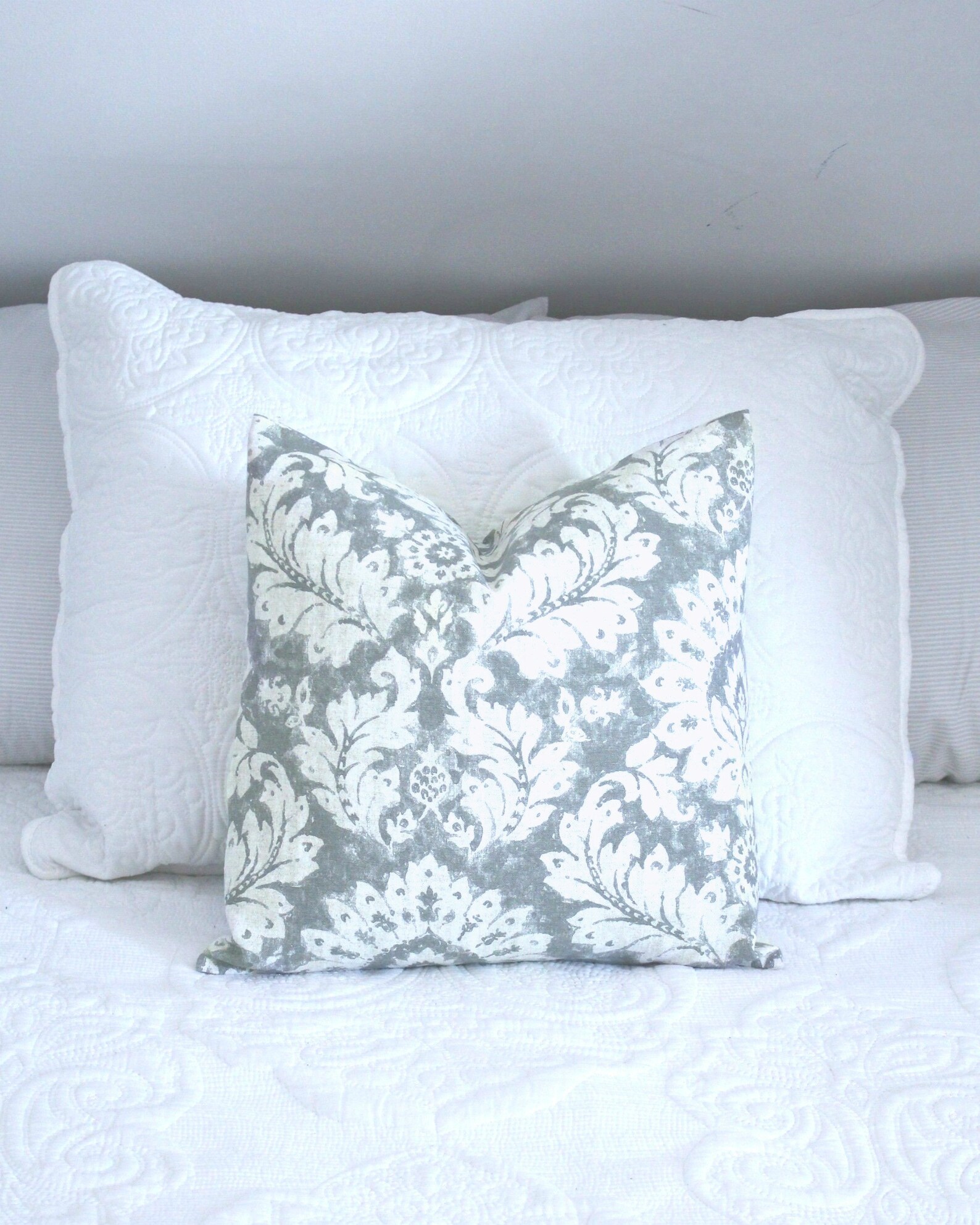 Gray and Ivory Pillow Cover with Floral Damask. Custom Made Etsy