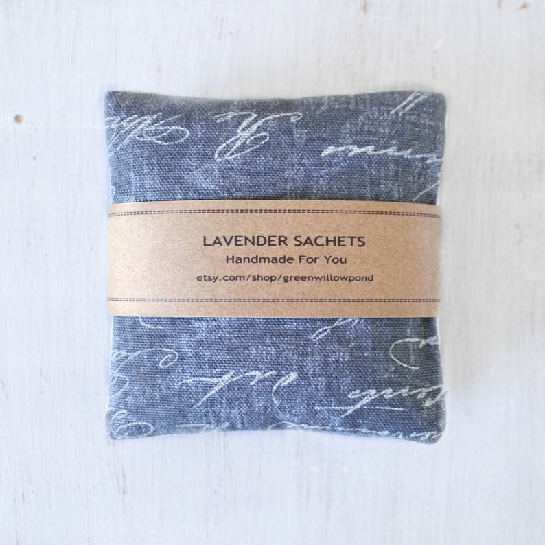 Closet Freshener for Drawers Set of Lavender Sachets in Gray French Script Car and More.