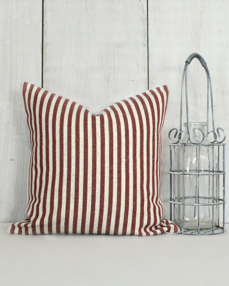 Red Striped Farmhouse Throw Pillow Cover. Rustic Cream and Red Etsy