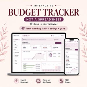 Può includere: Un tracker di budget digitale visualizzato su un laptop e uno smartphone. L'interfaccia mostra spese, bollette, risparmi e obiettivi. Il testo recita "Interactive Budget Tracker, Not a Spreadsheet". L'immagine include anche "Instant Download", "Works on Any Device" e "100% Private."