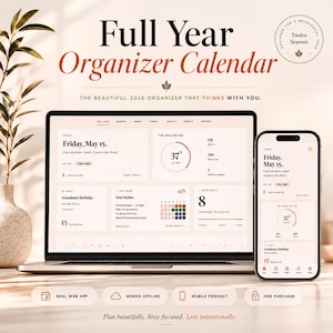 May include: A laptop and smartphone displaying a digital organizer calendar with the text "Full Year Organizer Calendar." The interface shows daily tasks, goals, and progress metrics. The design is clean and modern, with a focus on productivity.