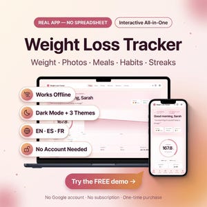 May include: A digital weight loss tracker app displayed on a laptop and smartphone. Text includes "Weight Loss Tracker," "Works Offline," "Dark Mode + 3 Themes," "EN · ES · FR," "No Account Needed," and "Try the FREE demo." Features include weight, photos, meals, habits, and streaks.