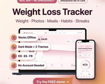Weight Loss Tracker & Journal App | Progress Photos, Meals, Habits | Interactive Web App, Not a Spreadsheet