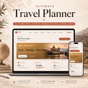 Może przedstawiać: Laptop i smartfon wyświetlają interfejs planera podróży z tekstem "ULTIMATE Travel Planner". Ekran pokazuje podróż do Paryża, Florencji i Barcelony. Interfejs zawiera funkcje planu podróży, budżetu i pakowania.