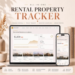 May include: A digital interface for rental property management is displayed on a laptop and smartphone. The screen shows financial data, property listings, and management tools. The text reads "Rental Property Tracker" and includes features like tenant tracking.