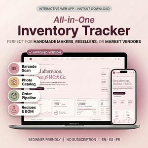 May include: An interactive web app inventory tracker displayed on a laptop and smartphone screen. The interface features a dashboard with data, including text labels for Barcode Scan, Photo Catalog, Order Pipeline, and Recipes & BOM.