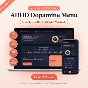 Può includere: Un'interfaccia digitale per un menu di dopamina ADHD visualizzata su uno schermo di laptop e smartphone. La dashboard a tema scuro presenta testo tra cui "Good afternoon, Maya", "Timer", "Surprise Me", "Crisis Mode" e "What Works". Quattro icone circolari arancioni evidenziano funzionalità come la modalità offline, la modalità scura, le opzioni di lingua e l'assenza di account richiesto.