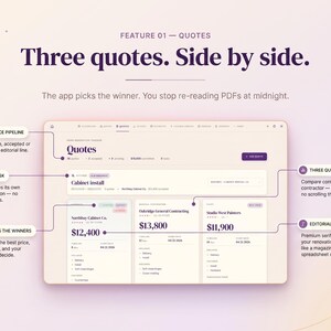 Contractor quote comparison inside the home renovation tracker — compare contractor bids side by side, pick a winner, and link each quote to the matching remodel task or room.