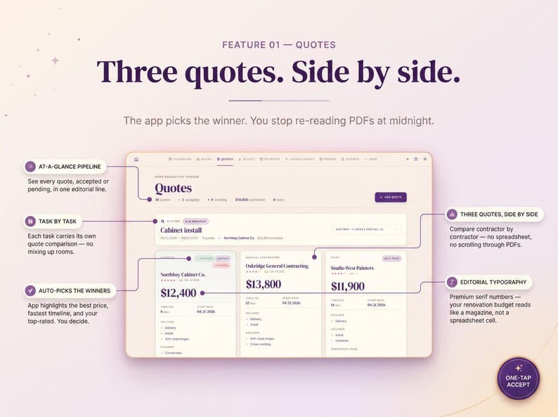 Contractor quote comparison inside the home renovation tracker — compare contractor bids side by side, pick a winner, and link each quote to the matching remodel task or room.
