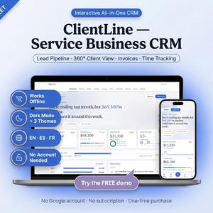 May include: A laptop and smartphone displaying the ClientLine Service Business CRM interface. The screen shows dashboards with financial data, lead pipelines, and invoices. Blue callout buttons highlight features like offline mode and dark mode.