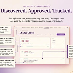 May include: A digital interface for tracking change orders, featuring the text Discovered. Approved. Tracked. The dashboard displays financial data, status updates, and event logs with labels for delta, cost, and task links in a purple and white layout.