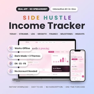 Op de afbeelding: Een digitale inkomentracker voor bijverdiensten, weergegeven op een laptop en smartphone. De interface heeft een roze kleurenschema met tekst zoals "Side Hustle Income Tracker", "Works Offline", "Dark Mode + 3 Themes" en "No Account Needed". Het dashboard toont financiële gegevens, grafieken en groeistatistieken.