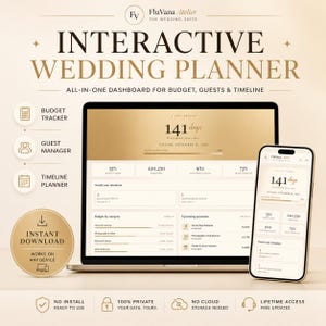 Puede incluir: Un planificador de bodas interactivo que se muestra en una computadora portátil y un teléfono inteligente. La pantalla muestra un panel con funciones de presupuesto, invitados y cronograma. El texto dice "Interactive Wedding Planner".