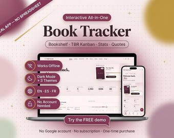 Interactive Book Tracker App | Bookshelf, TBR Kanban, Stats (Digital Download)