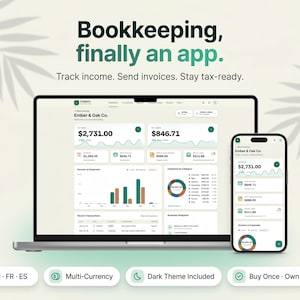 Puede incluir: Un ordenador portátil y un smartphone muestran la interfaz de la aplicación de contabilidad Ledgerly para Ember & Oak Co. La pantalla presenta paneles financieros con ingresos, gastos y gráficos. El texto dice: Bookkeeping, finally an app.