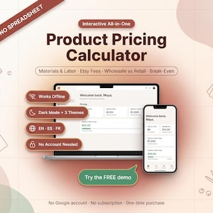 May include: An interactive product pricing calculator displayed on a laptop and smartphone screen. Features include Works Offline, Dark Mode + 3 Themes, EN-ES-FR language support, and No Account Needed. Text includes Real App - No Spreadsheet.
