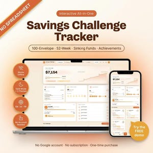 May include: A digital savings challenge tracker displayed on a laptop and smartphone screen. The interface features text including Savings Challenge Tracker, 100-Envelope, 52-Week, Sinking Funds, Achievements, and Try the FREE demo. The colour palette is orange and cream.