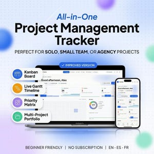 May include: An all-in-one project management tracker displayed on a laptop and smartphone screen. The interface features a Kanban board, live Gantt timeline, priority matrix, and multi-project portfolio. Text includes All-in-One Project Management Tracker.