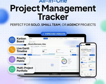 Project Management Tracker | Kanban, Gantt, Task Board (Instant Download)