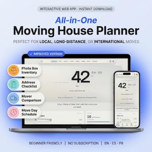 Könnte beinhalten: Eine interaktive Web-App zur Umzugsplanung, dargestellt auf einem Laptop und einem Smartphone. Die Benutzeroberfläche zeigt einen Countdown von 42 Tagen sowie Symbole für Inventarlisten, Adress-Checklisten und Zeitpläne.