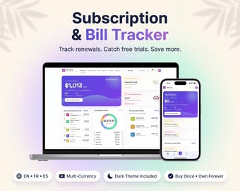 Subscription & Bill Tracker App, Renewal Alerts, Finance Dashboard (Digital Download)