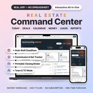 Può includere: Una dashboard digitale per la gestione immobiliare visualizzata su uno schermo di laptop e smartphone. L'interfaccia include sezioni per oggi, affari, calendario, denaro, contatti e report. Il testo include Real App e No Spreadsheet.