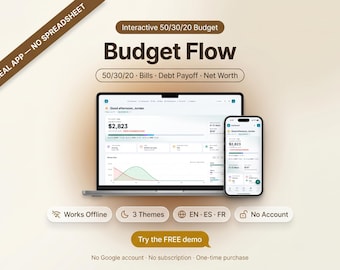 Budget Flow App | 50/30/20, Bills, Debt Payoff, Net Worth (Offline)