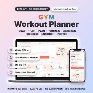 Op de afbeelding: Een digitale gym workout planner weergegeven op een laptop- en smartphonescherm. De interface bevat tekst zoals GYM Workout Planner, Today, Train, Plan, Routines, Exercises, Progress, Nutrition, Photos, Works Offline en No Account Needed.