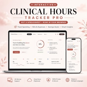 Op de afbeelding: Een laptop en smartphone tonen de interface "Clinical Hours Tracker Pro". De software houdt uitgaven, rekeningen, uitgaven en spaardoelen bij. De interface toont een voortgangsbalk bij 60% voltooiing. De software is ontworpen om in een browser te draaien.