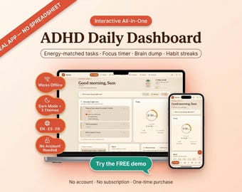 ADHD Daily Dashboard – Interactive App, Focus Timer, Habit Tracker (Offline)
