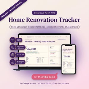 Op de afbeelding: Een interactieve app voor het bijhouden van woningrenovaties, weergegeven op een laptop en smartphone. De interface toont projectdetails, renovatiekosten, budgetbewaking en voortgangspercentages. Functies omvatten offline toegang, donkere modus en meertalige ondersteuning.