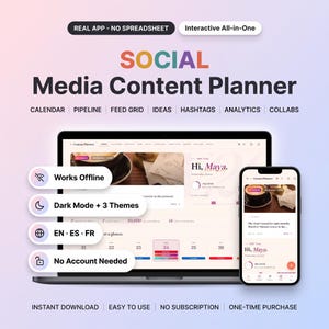 May include: A digital social media content planner displayed on a laptop and smartphone screen. The interface features a calendar, pipeline, feed grid, ideas, hashtags, analytics, and collabs. Text includes "Works Offline," "Dark Mode + 3 Themes," "EN ES FR," and "No Account Needed."