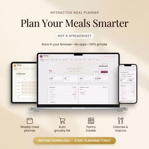 Op de afbeelding: Digitale interface van een maaltijdplanner weergegeven op een laptop, tablet en smartphone. Het scherm toont een dashboard met gegevens en opties voor wekelijkse maaltijdplanning, automatische boodschappenlijsten en calorie/macro tracking. Tekst: "Plan je maaltijden slimmer."