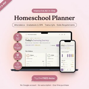 Könnte beinhalten: Ein interaktiver All-in-One-Homeschool-Planer, der auf einem Laptop- und Smartphone-Bildschirm angezeigt wird. Die Benutzeroberfläche zeigt "Today's Learning Journey" mit Abschnitten für die Kinder Mateo und Sofia, Anwesenheit und Noten.