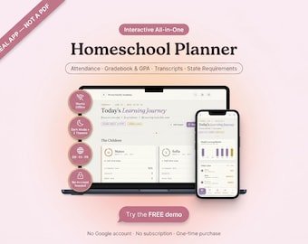 Homeschool Planner | Attendance Gradebook GPA Transcript Tracker | Lesson Planner Multiple Kids | Hours & Record Keeping Dashboard