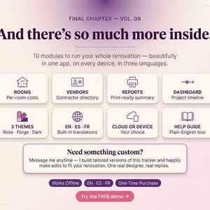 May include: A digital renovation tracker interface titled Final Chapter Vol. 09. It features ten modules including rooms, vendors, reports, and a dashboard. It offers three themes, multi-language support, and cloud or device storage options.