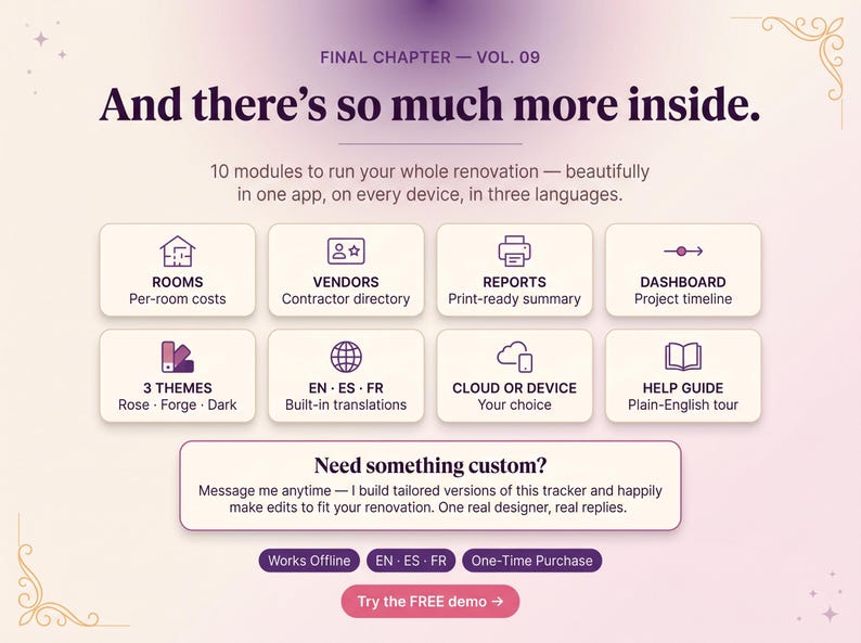 May include: A digital renovation tracker interface titled Final Chapter Vol. 09. It features ten modules including rooms, vendors, reports, and a dashboard. It offers three themes, multi-language support, and cloud or device storage options.